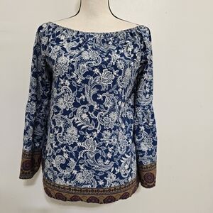 size Small Off the Shoulder Paisley Bell Sleeve Western Boho Blouse Blue TINLEY
